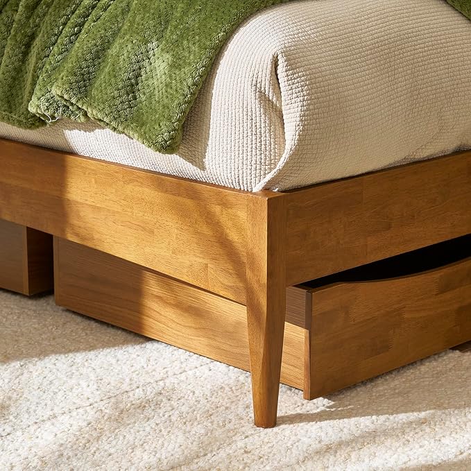 mopio Retrovie Mid-Century Modern Queen Bed Frame – Solid Wood Legs, LVL Slat System, No Box Spring Needed, Supports 661 lbs, Easy Assembly (Walnut, No Drawers)
