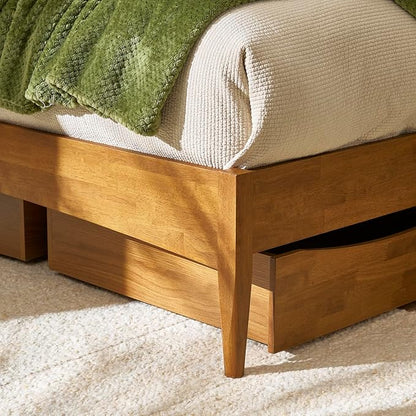 mopio Retrovie Mid-Century Modern King Bed Frame – Solid Wood Legs, LVL Slat System, No Box Spring Needed, Supports 661 lbs, Easy Assembly (Walnut, 2 Drawers)