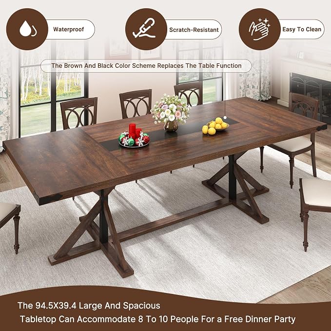 Hlivelood 94" Large Dining Table for 10 People, Rectangular Kitchen Farmhouse Table W/Thickness Waterproof Wood Tabletop,Long Dining Room Tables W/Wood Strip Base for Kitchen Living Room(238CM Brown)