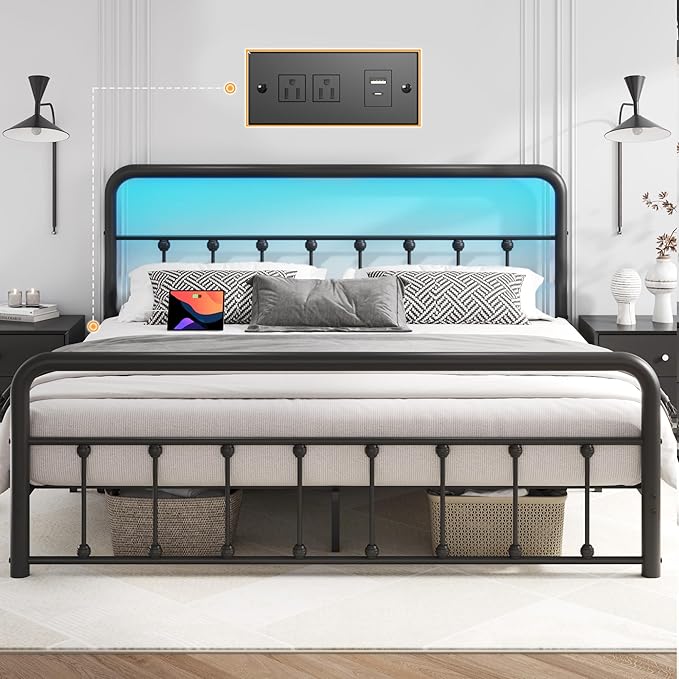 Fluest 14 Inch Queen Bed Frame Classic Metal Platform Bed Frame with Charging Station & LED, Victorian Style Iron-Art Headboard/Footboard, Under Bed Storage, No Box Spring Needed, Noise Free