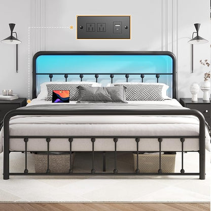 Fluest 14 Inch Queen Bed Frame Classic Metal Platform Bed Frame with Charging Station & LED, Victorian Style Iron-Art Headboard/Footboard, Under Bed Storage, No Box Spring Needed, Noise Free