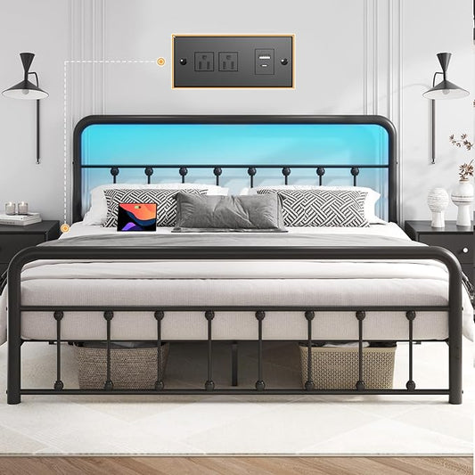 Fluest 14 Inch Queen Bed Frame Classic Metal Platform Bed Frame with Charging Station & LED, Victorian Style Iron-Art Headboard/Footboard, Under Bed Storage, No Box Spring Needed, Noise Free