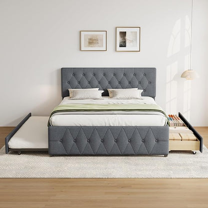 Queen Bed Frame with 2 Wood Storage Drawers & Pull‑Out Trundle Bed,Upholstered Platform Bed Frame Queen Size with Adjustable Headboard,Wooden Slats Support,No Box Spring Needed,Dark Gray