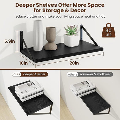 Axeman Deep Floating Shelves | 20 Inch Black Wall Shelves Set of 2 | 10 Inch Deep Rustic Wood Shelves for Wall | 20'' W x 10''D Black Shelves for Living Room Bathroom Kitchen