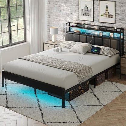 Full Size Bed Frame with Upholstered Headboard and 2-Tier Storage Shelves | Metal / Charging Station / LED Lights / Noise Free / No Box Spring Needed / Black