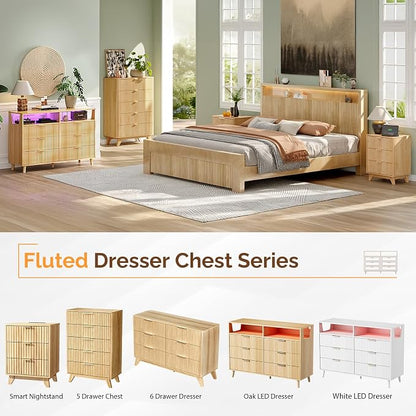 VINGLI Fluted Dresser Led, 6 Drawer Dresser for Bedroom, Light Wood Bedroom Dressers Oak, 47" W*15.75" D*33" H
