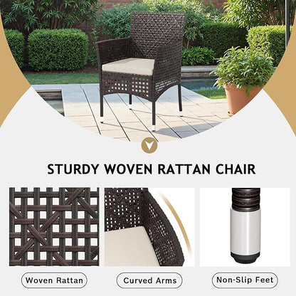 Devoko Patio Furniture Set 3 Pieces Outdoor Wicker Chairs Set of 2 with Coffee Table for Outside Porch Balcony (Brown)