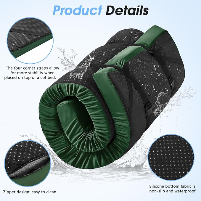 CYMULA 3 Inch Memory Foam Camping Pad, Camping Essentials Roll Up Floor Mat for Car Camping, Cot, Tent, Truck, Travel and Guest Use, Non-Slip Waterproof Bottom, Removable Cover