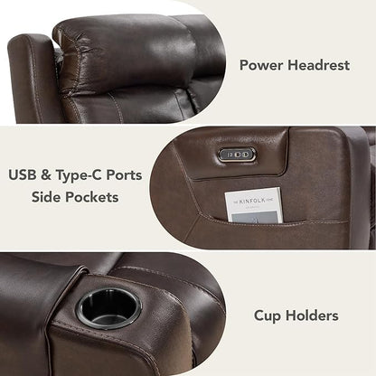Watson & Whitely Genuine Leather Power Loveseat Recliner Sofa, Lay Flat Loveseat Reclining Sofa with Power Headrest, Cup Holders, USB & Type-C Ports, Dual Recliners for Living Room, Dark Brown