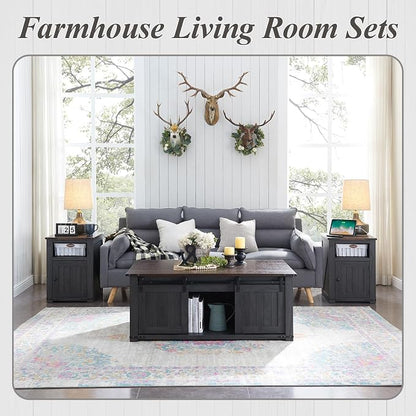 IFGET 48" Lift Top Coffee Table, Farmhouse Cocktai with Sliding Groove Barn Door, Rustic Wood Center Table w/Double Storage Spaces for Living Room, Dark Grey