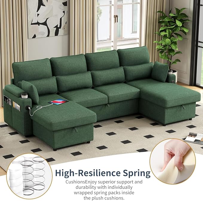 104.7" U-Shaped Sectional Sofa Couch, Pull-Out Sleeper Sofa Bed with Storage Chaise, Double Cup Holders, Dual USB Charging Ports, Couches for Living Room Apartment