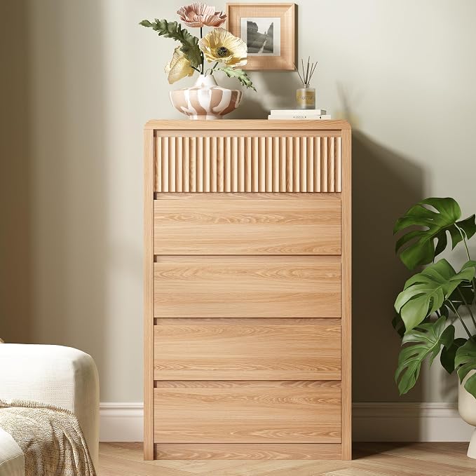 LYNSOM 5 Drawer Dresser for Bedroom, 48" Tall Fluted Dresser with Curved Corners, Wood Dressers & Chests of Drawers with Dual-Panel Design for Bedroom, Entryway, Oak