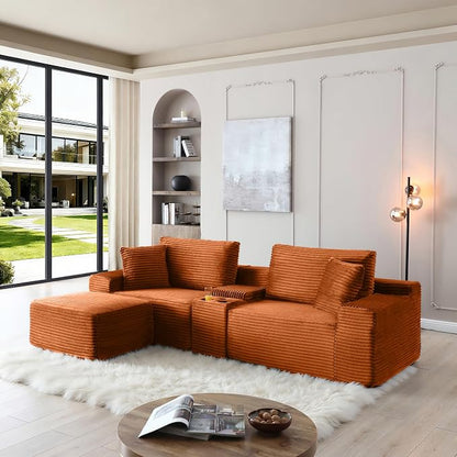 ivoros 111 Inch Modular Sectional Sofa Couch, Oversized Modern Cloud Couch for Living Room, L Shape Couches with Ottomans, USB Ports and Cup Holders, Orange Corduroy Boneless Sofas, Sofa in a Box