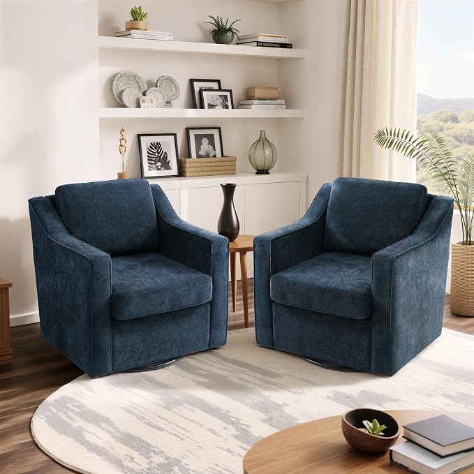 Swivel Accent Chair Set of 2, Modern Round Barrel Arm Chair for Living Room, Bedroom, Comfy Club Reading Chairs for Adults, Chenille Navy Blue