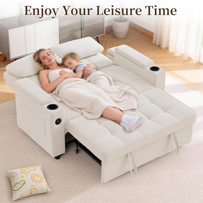 Korser 55.5'' 3-in-1 Convertible Sofa Bed, Pull Out Couch with 5-Position Adjustable Backrest, Loveseat Sleeper Sofa for Small Spaces, Sofa Couch with Cup Holders for Living Room, Office, Chenille