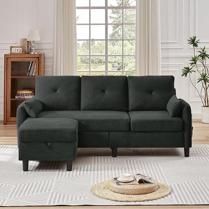 Convertible L-Shaped Sectional Sofa, 3-Seat Sofa Couches with Storage Ottoman & 2 Pillows and Side Storage Pockage, Small Modern Couch for Living Room, Apartment and Office, Black