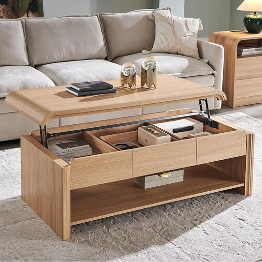 Aitjunz 47" Lift Top Coffee Table with Storage, Modern Coffee Table with Pull-Out Drawer and Two-Tier Storage, Rectangle Wood Center Table w/Curved Profile Design for Living Room, Natural
