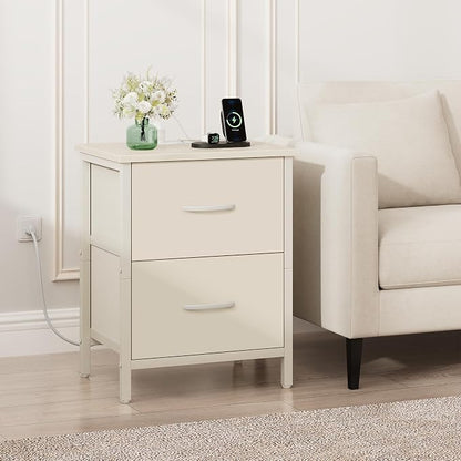 Vagusicc Nightstand Set of 2 with Charging Station, End Table Bedside Table with Power Outlet & USB Ports, Side Table with 2 Fabric Drawers for Bedroom, Living Room, Beige