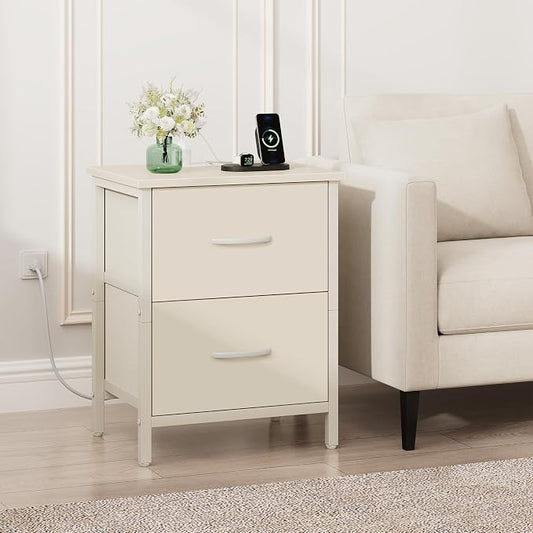 Vagusicc Nightstand Set of 2 with Charging Station, End Table Bedside Table with Power Outlet & USB Ports, Side Table with 2 Fabric Drawers for Bedroom, Living Room, Beige