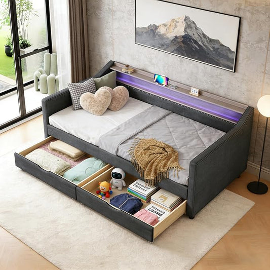 Twin Size Upholstered Daybed with Two Storage Drawers & USB | Dark Grey Linen Fabric,Two Drawers, 2-Tier Storage Shelf, USB Charging Port, LED Light, For Bedroom Apartment