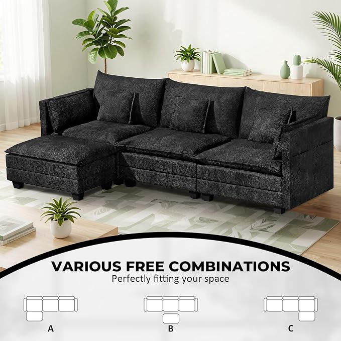 LEVELEVE 112.5" L-Shape Modular Sofa with 1 Ottomans, Deep Seat Cloud Convertible Sleeper, 3 Throw 2 Arm Pillows, Comfortable Upholstered Furniture for Living Room Apartment, Black