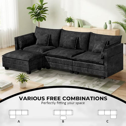 LEVELEVE 112.5" L-Shape Modular Sofa with 1 Ottomans, Deep Seat Cloud Convertible Sleeper, 3 Throw 2 Arm Pillows, Comfortable Upholstered Furniture for Living Room Apartment, Black