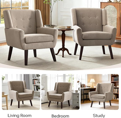 HUIMO Accent Chair Set of 2, Upholstered Button Tufted Armchair, Linen Fabric Sofa Chairs for Bedroom, Living Room, Mid-Century Modern Comfy Reading Chair (2 PCS, Khaki)