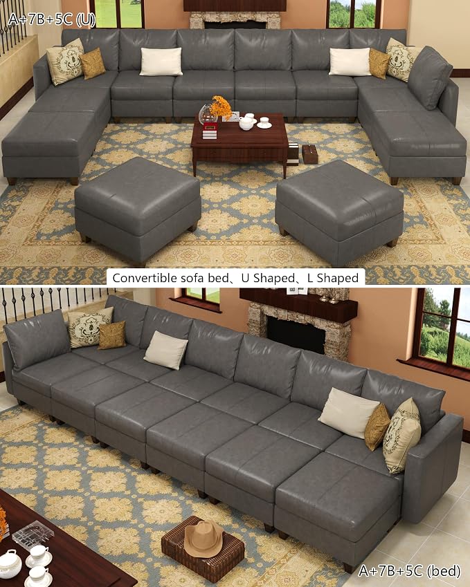 EASE MOOSE Oversized Sectional Sofa Modular Couch with Reversible Chaises, Faux Leather U Shaped Sectional Couch with Storage Convertible Sleeper Sofa