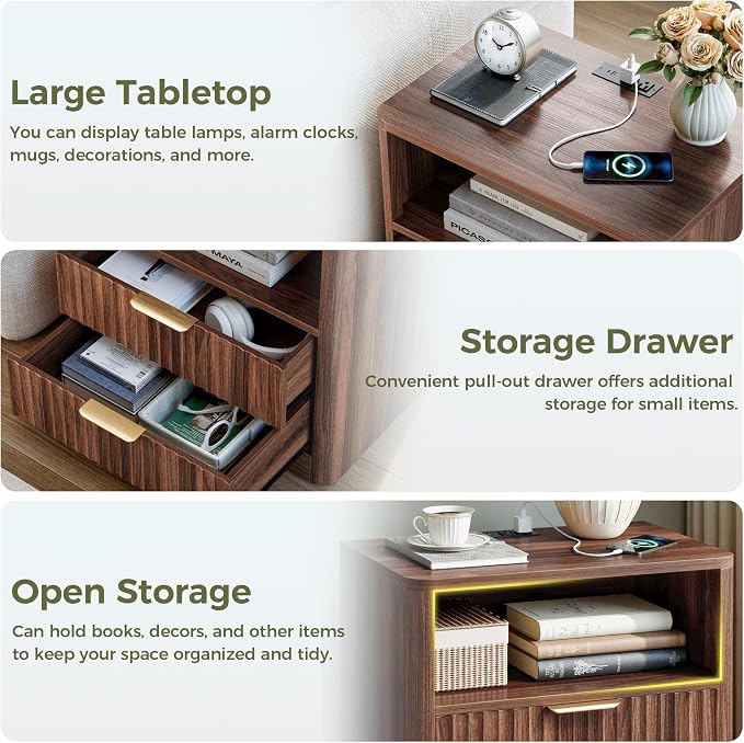 IRONCK Fluted Night Stand Set of 2, Modern Nightstand with Charging Station, Drawers and Open Shelves - Bedside Table Wood Side Table Set for Bedroom, Walnut