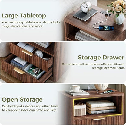 IRONCK Fluted Night Stand Set of 2, Modern Nightstand with Charging Station, Drawers and Open Shelves - Bedside Table Wood Side Table Set for Bedroom, Walnut