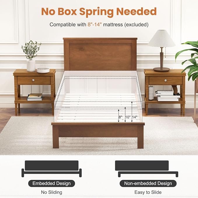 Giantex Wood Twin Bed Frames with Headboard, Mid Century Platform Bed Frame with Solid Wood Legs & Wooden Slat Support, Twin Bed Frames for Kids Adults, Walnut Bed