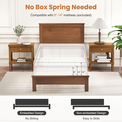Giantex Wood Twin Bed Frames with Headboard, Mid Century Platform Bed Frame with Solid Wood Legs & Wooden Slat Support, Twin Bed Frames for Kids Adults, Walnut Bed