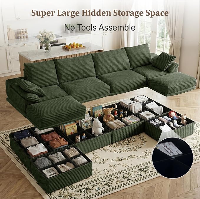 142" Modular U-Shaped Sectional Sofa with Storage, 4-Seat Corduroy Boneless Couch, 27" Deep Seat Cloud Couch & 2 Movable Ottoman, Tool-Free Assembly, Couch for Living Room, Green