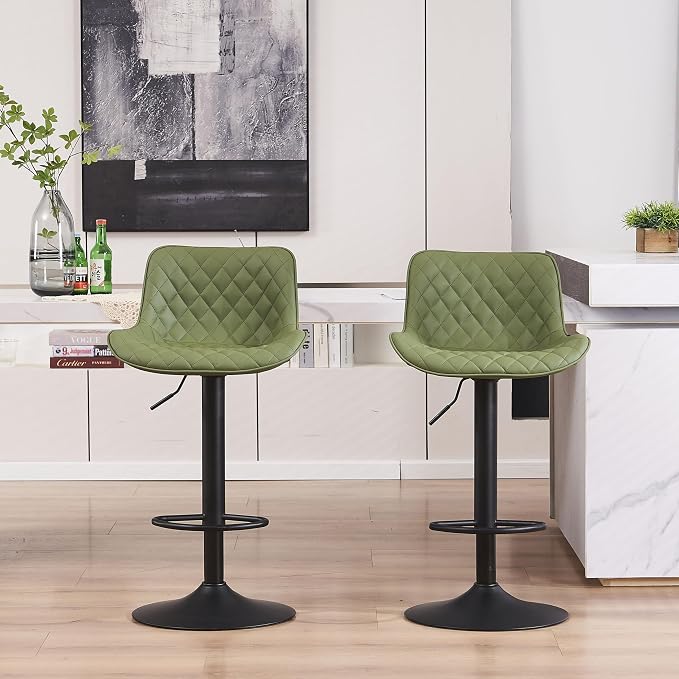 YOUTASTE Olive Green Bar Stools Set of 2, Mid-Century Modern Counter Height Stools for Kitchen Island, Faux Leather Upholstered, Swivel, Adjustable, Bar Chairs with Black Metal Base for Home Bistro