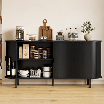 Buffet Sideboard Cabinet with Storage, 63" Fluted Cabinet with Sliding Door & Adjustable Shelf, Modern Accent Coffee Bar Console Table for Kitchen, Entryway, Black