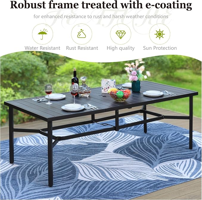 HERA'S HOUSE 9 Pieces Outdoor Dining Set, Patio Table and Chairs Set for 8, 8 x Textilene Chairs and 1 x Large Rectangle Metal Table with Umbrella Hole for Deck Garden Backyard Lawn Poolside