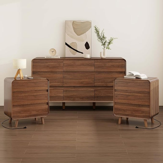 Nasonet Dresser and Nightstand Sets 3 Piece, Mid Century Modern 9 Drawer Dresser and 3 Drawer Night Stand Set 2, Wooden Chest of Drawers Bedroom Furniture Set, Walnut