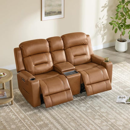 Watson & Whitely Genuine Leather Power Loveseat and Recliner Sofa Set, Lay Flat Reclining Couch with Console, Power Headrest, USB & Wireless Charging, Cup Holders for Living Room, Saddle Brown