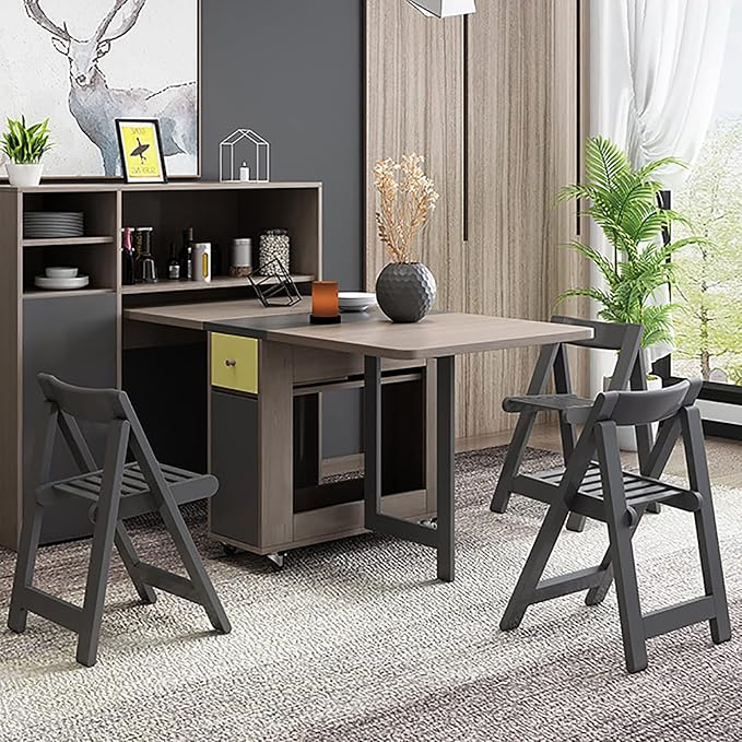 FUNROLUX Folding Dining Table with Storage Rack and 2 Drawers, Movable Kitchen Table Extendable Versatile Table Space Saving Foldable in 3 Forms (Grey)