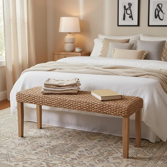 Indoor Bench Wicker for Entryway Bench, Wood Bench for Living Room Dining Bench or End of Bed Bench, 47" Boho Bench with Solid Wood Acacia & Natural Woven Seat, Rustic Farmhouse Rattan Hallway Bench