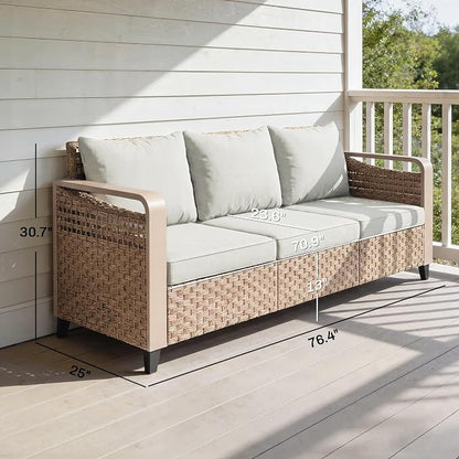 Outsunny Outdoor Patio Couch with Wide and Deep Seat, 3 Seater Wicker Outdoor Sofa with Wide Metal Armrests, Patio Furniture Couch with Cushions for Porch, Garden, Backyard, Beige