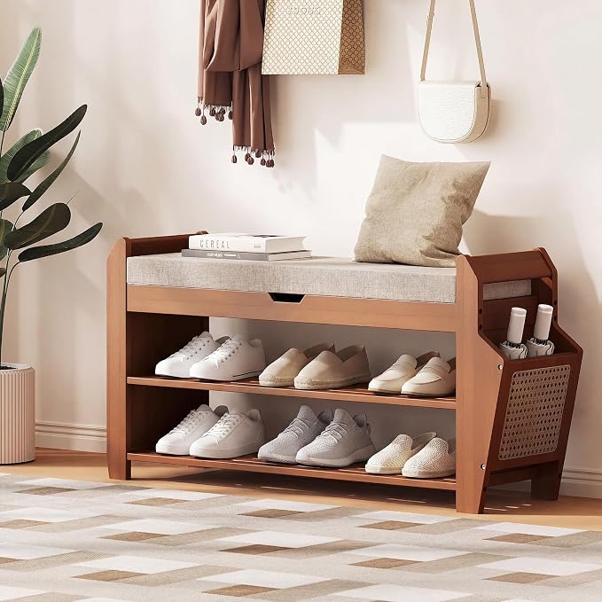 PETKABOO 31.5" Bamboo Shoe Rack Bench with Storage, 3-Tier Entryway Bench with Thick Cushion, Flip-Top & Side Baskets, Holds Up to 550 LBS for Hallway, Living Room, Bedroom
