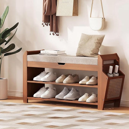 PETKABOO 31.5" Bamboo Shoe Rack Bench with Storage, 3-Tier Entryway Bench with Thick Cushion, Flip-Top & Side Baskets, Holds Up to 550 LBS for Hallway, Living Room, Bedroom
