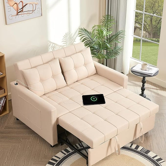 GOSUHI 52" Sleeper Sofa with Pull-Out Bed, 3-in-1 Convertible Sofa Bed, Set of Loveseat with Stepless Adjustable Backrest and Side Pocket, for Living Room Dorm Apartment, Linen, Beige