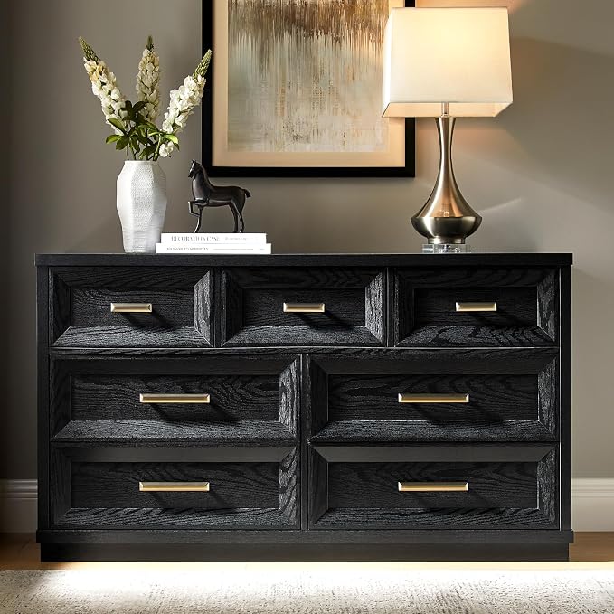 7 Drawer Dresser for Bedroom, 53.5" Wide Wooden Closet Organizers, Modern Oak Chest of Drawers with Metal Handle, Large Storage Dresser TV Stand for LivingRoom Office, Entryway (Black)