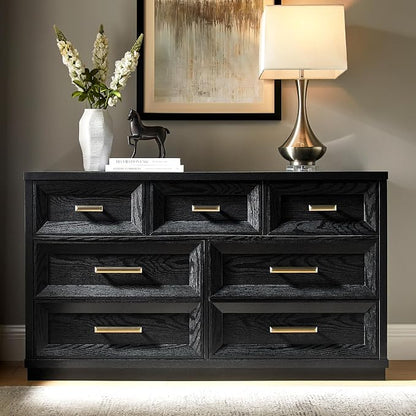 7 Drawer Dresser for Bedroom, 53.5" Wide Wooden Closet Organizers, Modern Oak Chest of Drawers with Metal Handle, Large Storage Dresser TV Stand for LivingRoom Office, Entryway (Black)