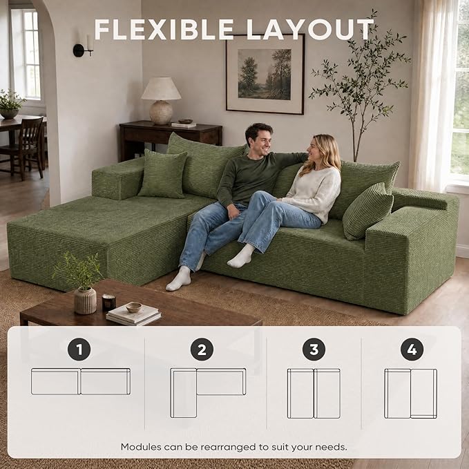 Boneless Couch, 102.4" Sectional Couches for Living Room with L Shape Sofa | Cloud Couch Sectional with Chaise, Modular Cloud Sofa with Deep Seat, No Assembly, Green, Corduroy, Left Chaise