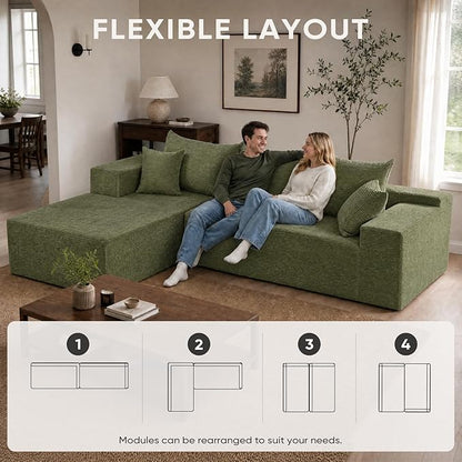 Boneless Couch, 102.4" Sectional Couches for Living Room with L Shape Sofa | Cloud Couch Sectional with Chaise, Modular Cloud Sofa with Deep Seat, No Assembly, Green, Corduroy, Left Chaise