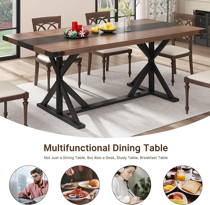 Hlivelood 71 Inch Dining Table for 6 People, Rectangular Kitchen Farmhouse Table W/Thickness Waterproof Wood Tabletop,Long Dining Room Tables W/Wood Strip Base for Kitchen Living Room(Brown&Black)