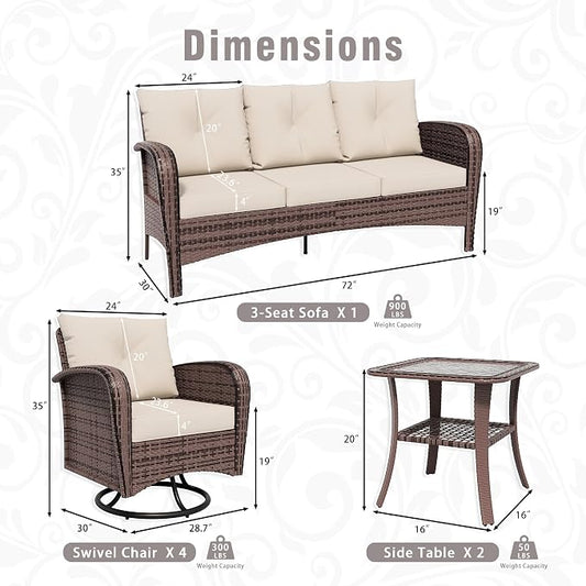 7 Piece Patio Conversation Set – 2 Swivel Rocking Chairs, 2 Coffee Tables & 3-Seater Sofa | PE Wicker Patio Sectional | Heavy-Duty Steel Frame & Weatherproof Cushions, Beige